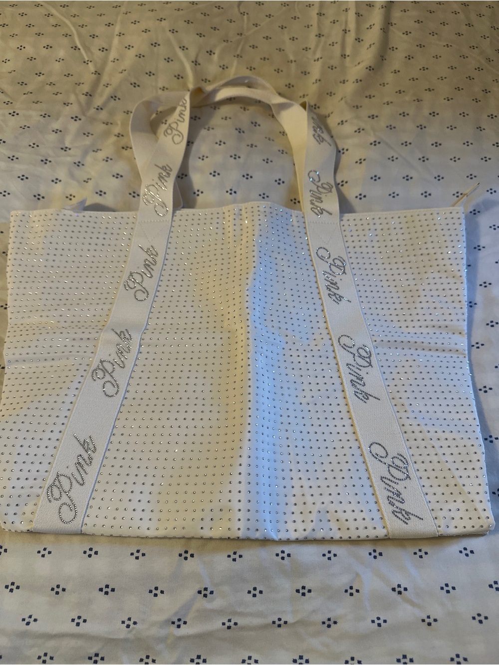 Silver-Trim White Rhinestone Tote Pink Victoria’s Secret holiday tote